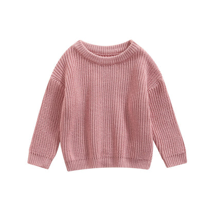 Pull coton bébé col rond rose