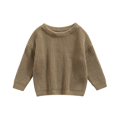 Pull coton bébé col rond taupe